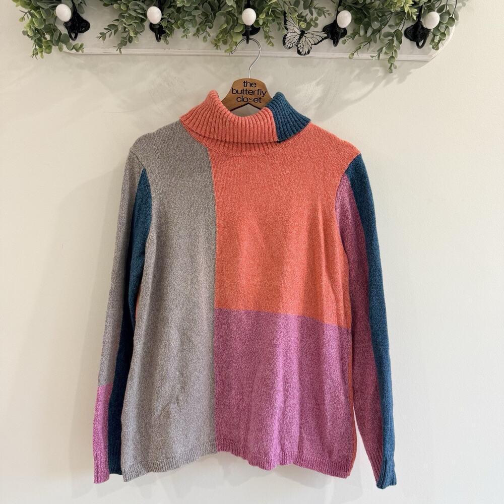 Sundance Luna Patchwork Colorblock Turtleneck Sweater Size L Silk Cotton Blend